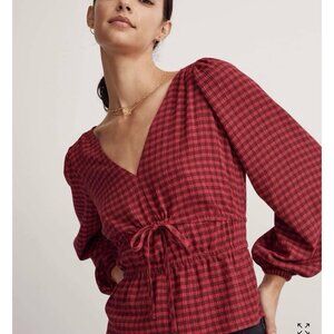 Madewell Saffi Peplum Top Women’s LARGE Drapey Crinkle Plaid Stretch Smoked